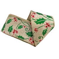 Lint met Draad 63mm - Kerstlint Linnen Hulst Blaadjes Bruin Groen Rood Glitter (Rol van 3 Meter)
