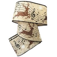 Lint met Draad 63mm - Kerstlint Linnen Rendier Muziek Noten Bruin Zwart Wit Glitter (Rol van 3 Meter)