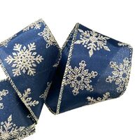 Lint met Draad 63mm - Satijn Sneeuwvlok Marine Blauw Zilver Goud Glitter (Rol van 3 Meter)