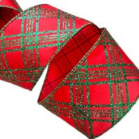 Lint met Draad 63mm - Satijn Ruit Rood Groen Glitter (Rol van 3 Meter)