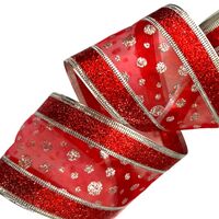 Lint met Draad 63mm - Organza met Glitterrand Stippen Rood Zilver Glitter Glansrand (Rol van 5 Meter)