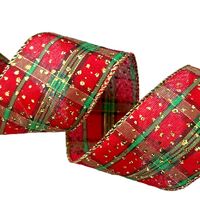 Lint met Draad 63mm - Schotse Ruit Rood Groen Goud Confetti (Rol van 3 Meter)