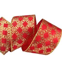 Lint met Draad 63mm - Satijn Stippen Ruit Rood Goud Glitter (Rol van 3 Meter)