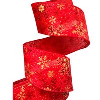 Lint met Draad 63mm - Linnen Sneeuwvlokken Rood Goud Glitter (Rol van 3 Meter)