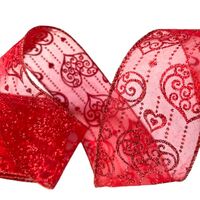 Lint met Draad 63mm - Organza Valentijn Harten Ketting Krullen Rood Glitter (Rol van 5 Meter)