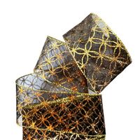 Lint met Draad 63mm - Organza Sterren Bloemen Zwart Goud Koper (Rol van 5 Meter)