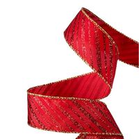Lint met Draad 38mm - Kerstlint Diagonale Strepen Rood Goud Glitterrand (Rol van 3 Meter)