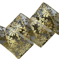 Lint met Draad 63mm - Organza Antiek Vintage Klassieke Bloem Zwart Goud Glitter (Rol van 5 Meter)