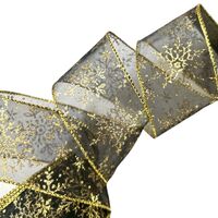 Lint met Draad 63mm - Organza Sneeuwvlokken Zwart Goud Glitter (Rol van 5 Meter)