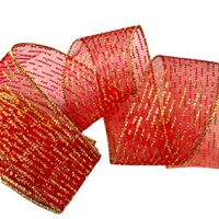 Lint met Draad 63mm - Organza Stippen Streepjes Rood Goud Glitter (Rol van 5 Meter)