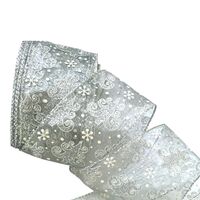 Lint met Draad 63mm - Organza Kerstbomen Zilver Wit Glitter (Rol van 5 Meter)