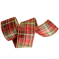 Band mit Drahtkante 63mm -  Webband Karo Tartan Rot Grün Schwarz Gold Glanzrand (Rolle 3 Meter)