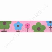 Lint bloemen 16mm (rol 22 meter) - Pink Groen