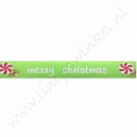 Kerstlint Satijn 10mm (rol 22 meter) - Merry Christmas Appelgroen Wit