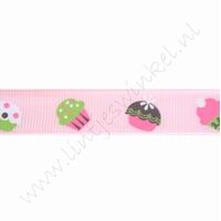 Lint met print 16mm (rol 22 meter) - Cupcakes Roze