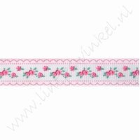 Lint bloemen 16mm (rol 22 meter) - Rozen Kant Wit Roze