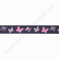 Lint met print 10mm (rol 22 meter) - Vlinders Marine Roze